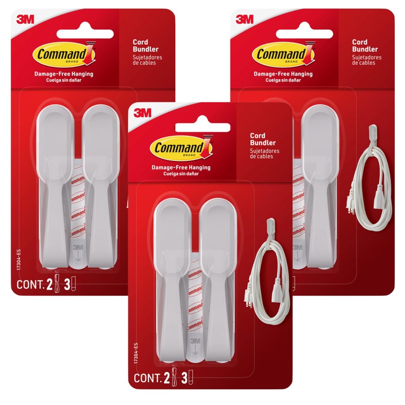 Command Cord Bundlers, Damage-Free Adhesive Cord and Cable Organizers, White, 6 Bundlers (3 Packs of 2) with Command Strips, No Tools Wall Hooks for Home, Office or Outdoor Use, Holds 2 lbs Each - Image 1